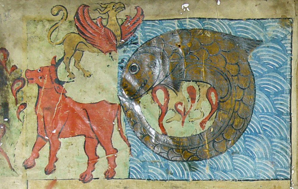 Behemot, Ziz y Leviatán. Ilustración del siglo XIII.