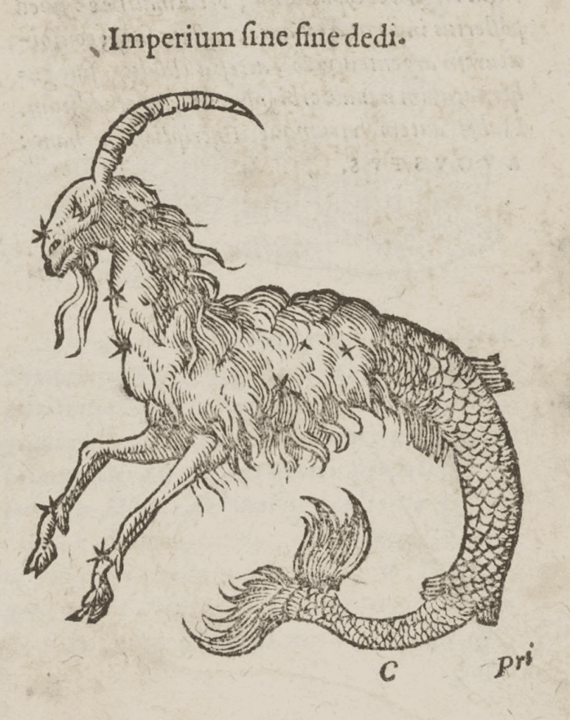 Ilustración de una cabra marina o capricornio, junto al lema "Imperium sine fine dedi".