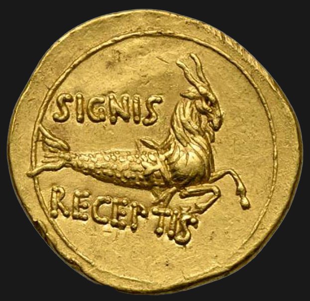 Moneda de oro con cabra marina, circa 18, 19 a.C.