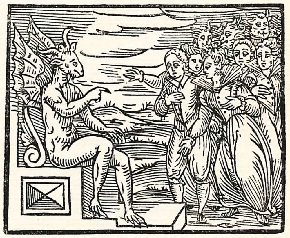 Nuevos fieles pactando con Satán. Ilustración del Compendium Maleficarum.